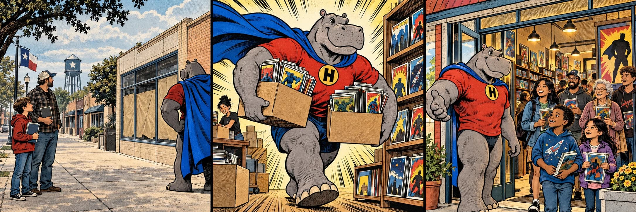 Comic illustration of a quiet Hutto street before Super Hippo arrives.